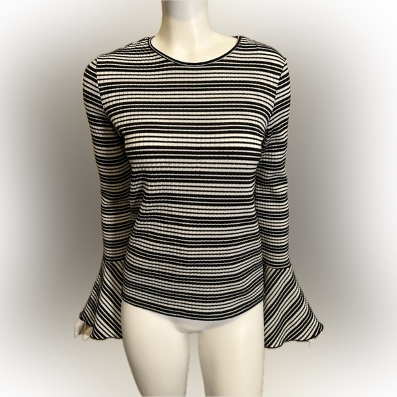 Zara Tops - Zara Trafaluc Top Back White Striped Flounce Bell Sleeve Ribbed Womens Small